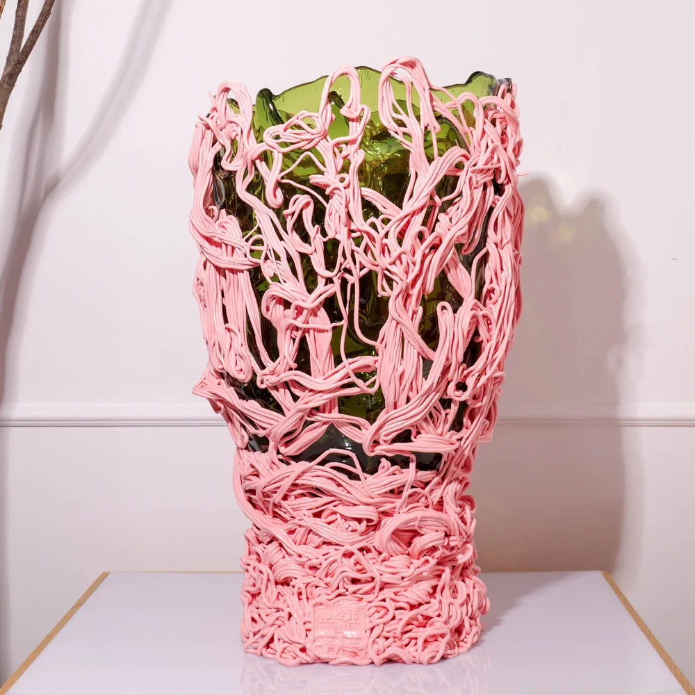 Spaghetti Special Vase - Clear Bottle Green, Salmon