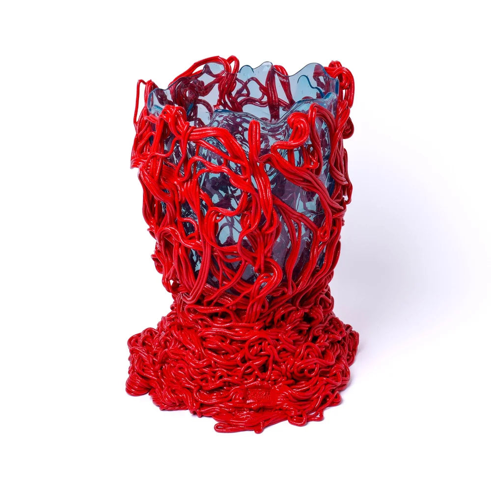 Spaghetti Special Vase - Clear Aqua And Coral Red