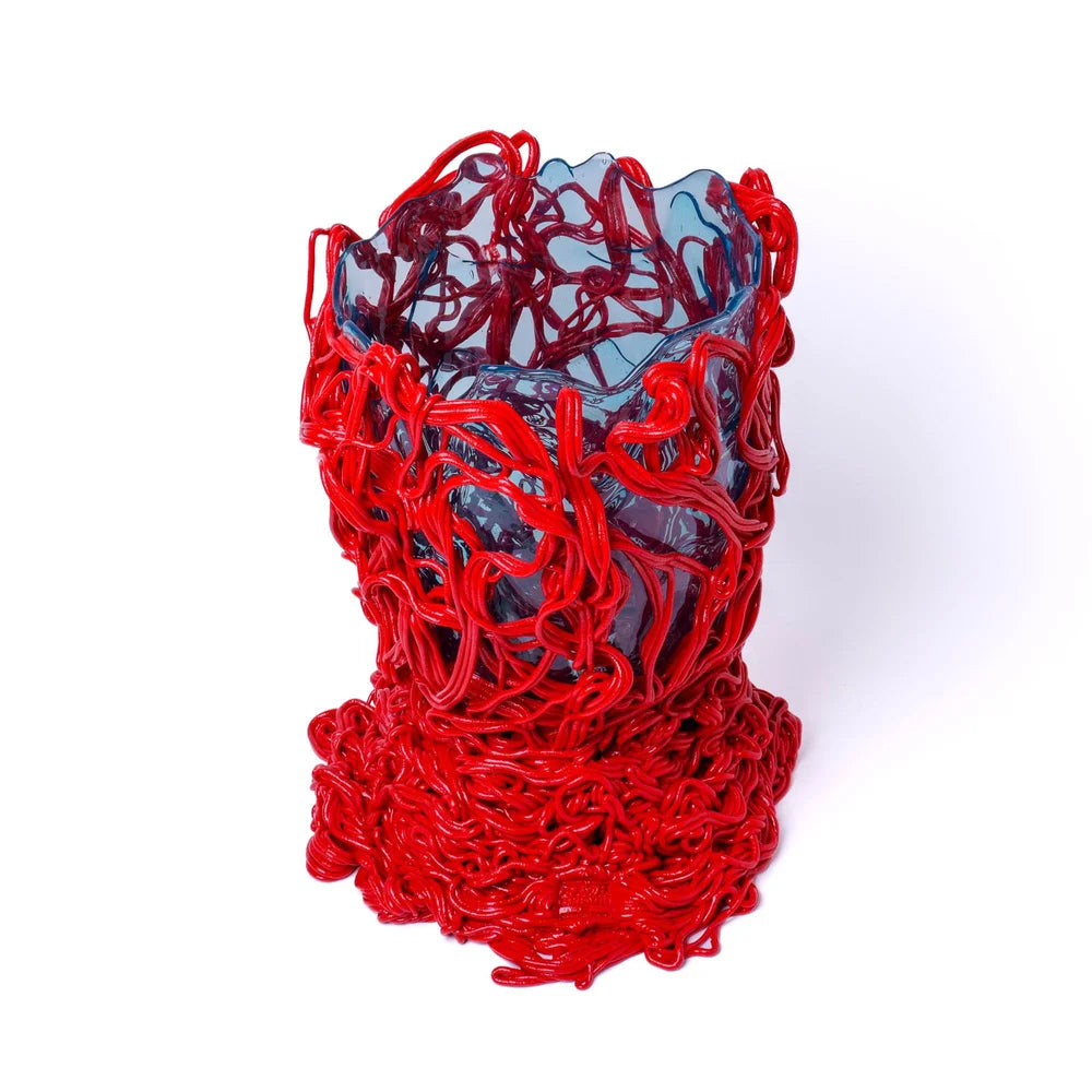 Spaghetti Special Vase - Clear Aqua And Coral Red