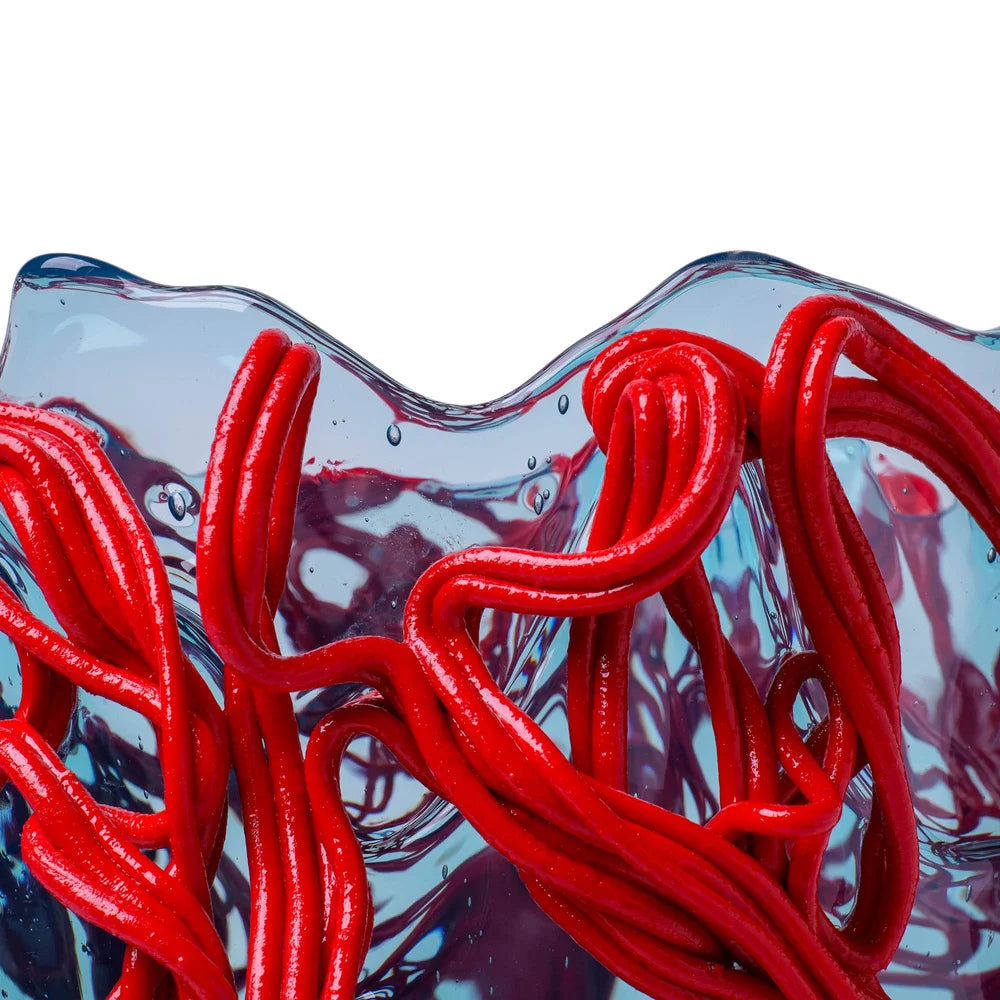 Spaghetti Special Vase - Clear Aqua And Coral Red