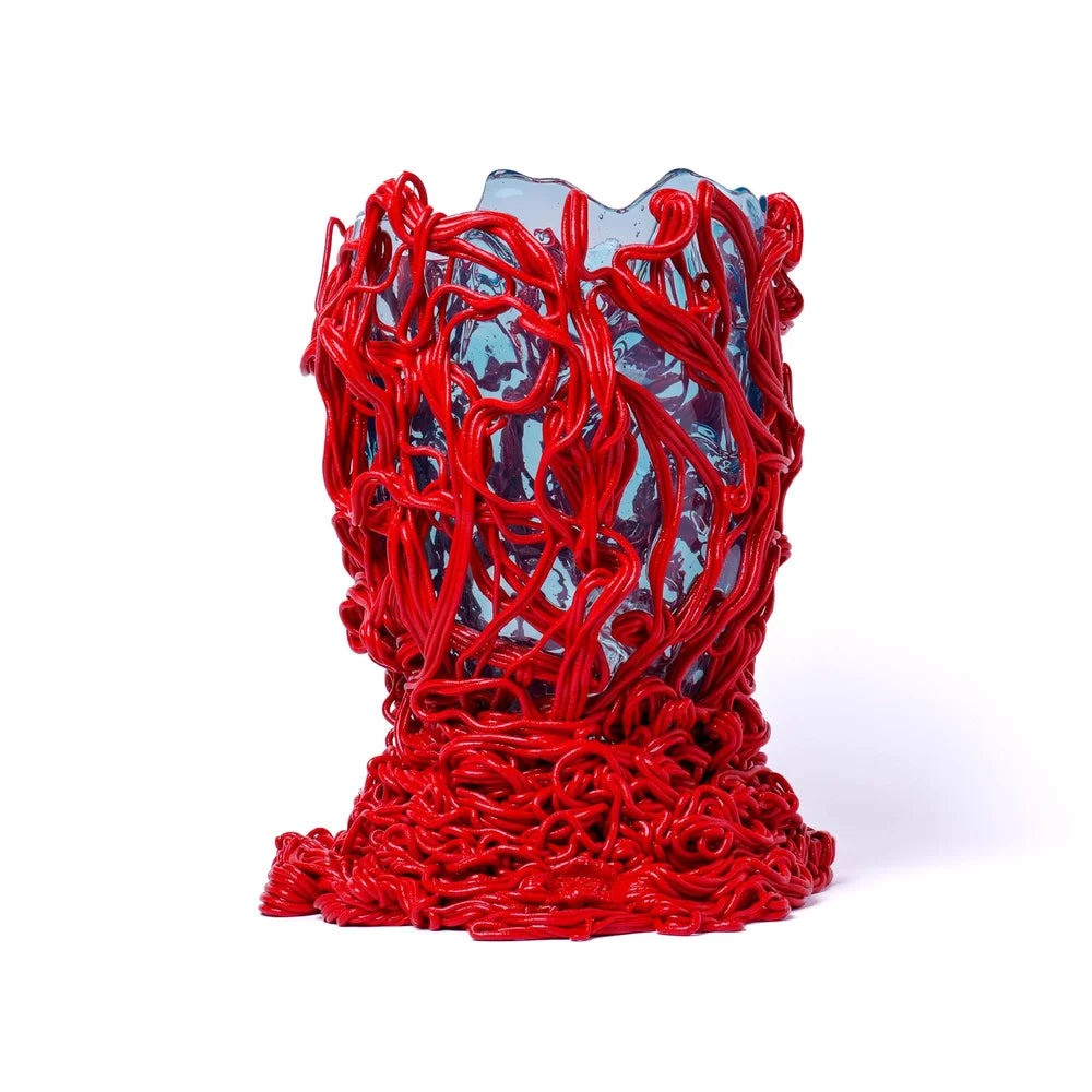 Spaghetti Special Vase - Clear Aqua And Coral Red