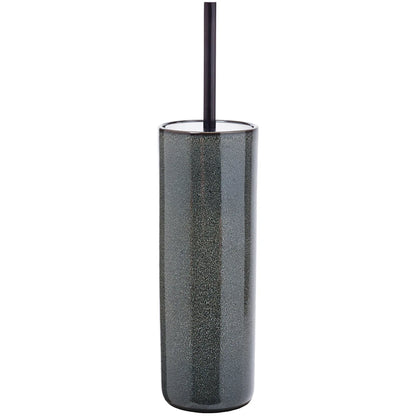 Gray cylindrical brush holder with black handle on a white background
