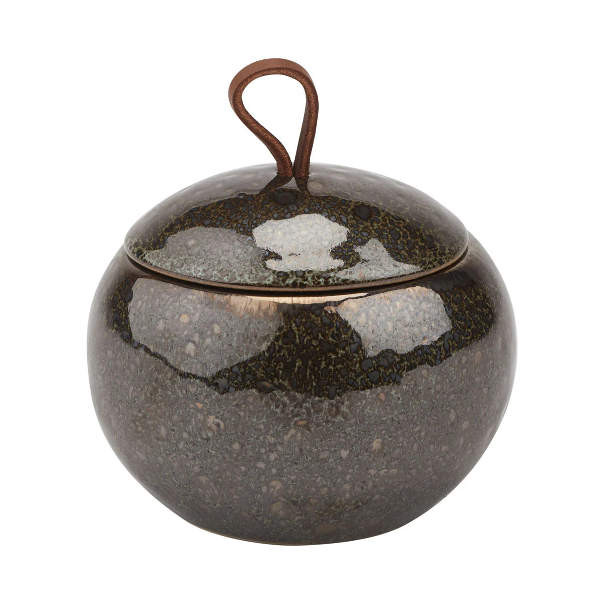 Ceramic jar with a lid and handle on a white background