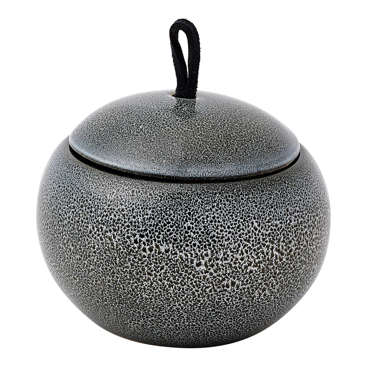 Textured black ceramic jar with a lid on a white background
