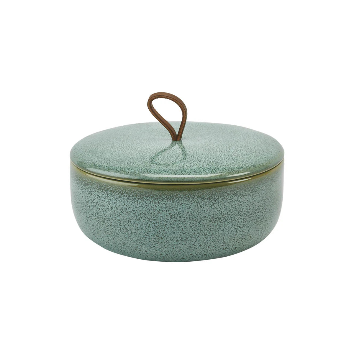 Green textured ceramic container with a lid on a white background