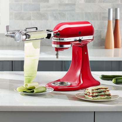 Vegetable Sheet Cutter-Red KitchenAid stand mixer with attachments on a kitchen counter