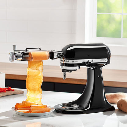 Vegetable Sheet Cutter-Black KitchenAid stand mixer with a spiralizer attachment on a kitchen counter.