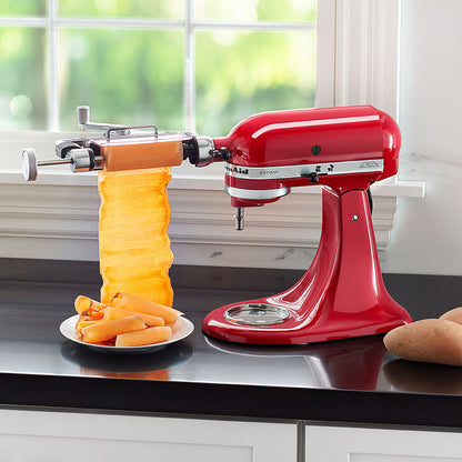 Vegetable Sheet Cutter-Red KitchenAid stand mixer with a pasta attachment on a kitchen counter.