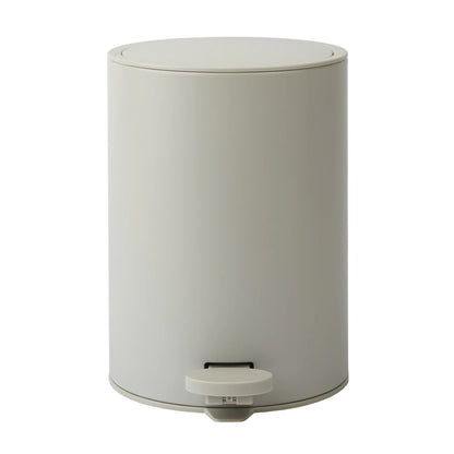 White cylindrical trash bin with a foot pedal on a white background