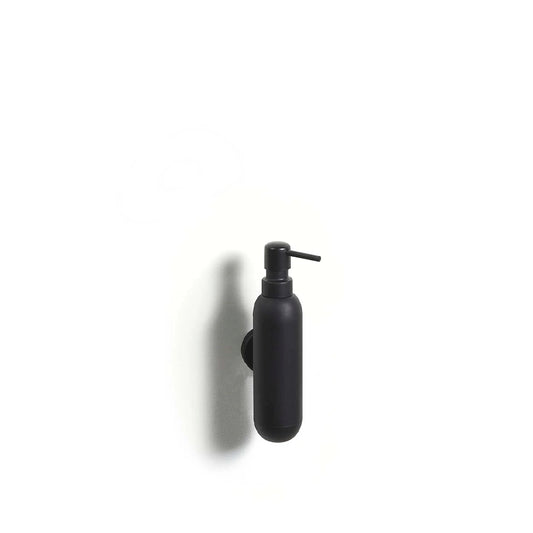 Black wall-mounted soap dispenser on a white background