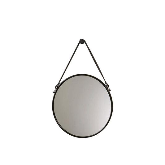 Round mirror with a black strap on a white background
