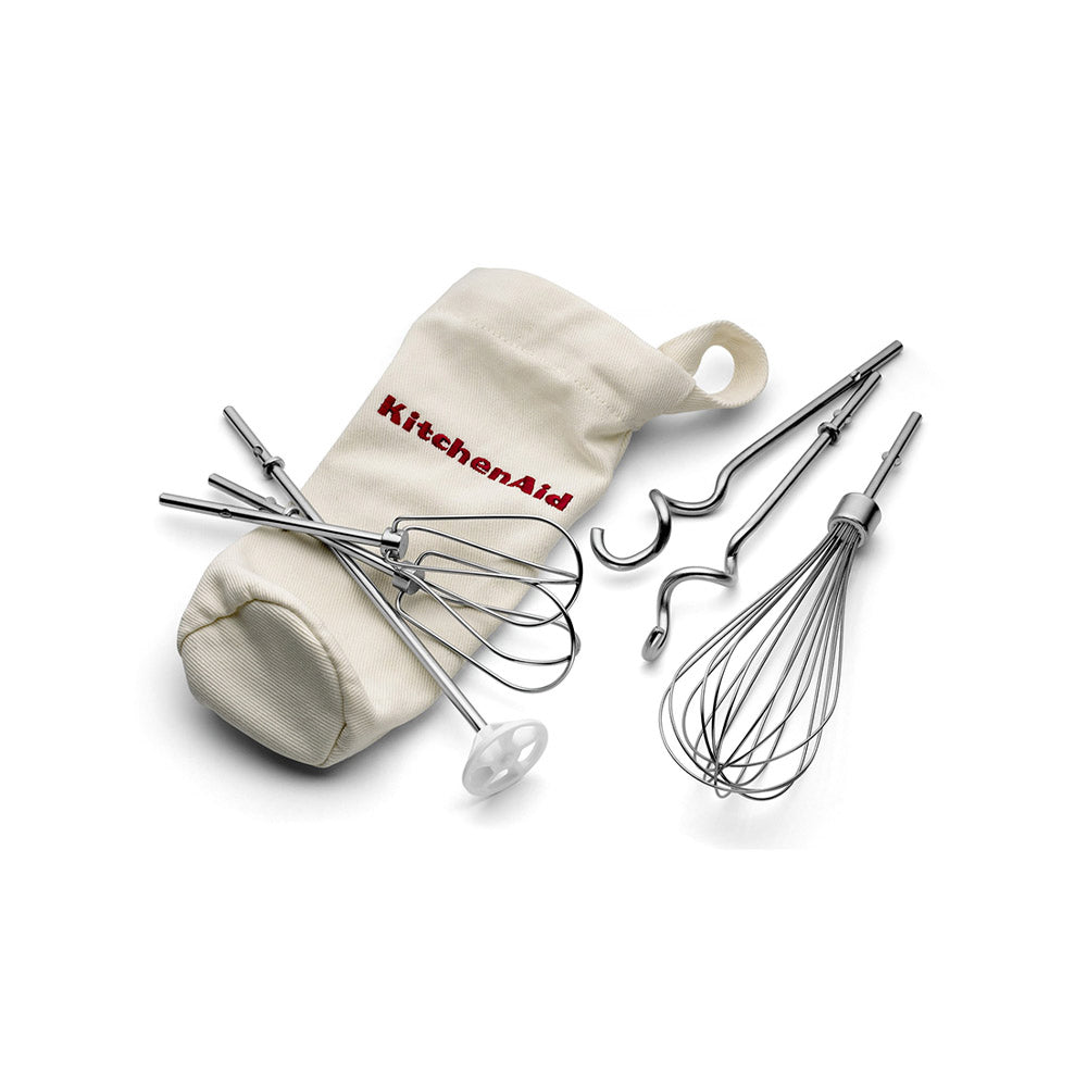Set of kitchen utensils including a whisk and beaters with a KitchenAid branded pouch on a white background.