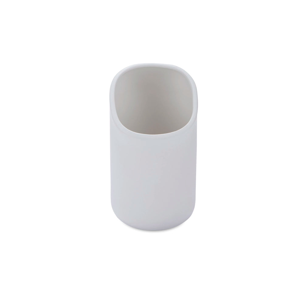 A small, white ceramic vase with a cylindrical shape, displayed against a plain background.