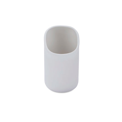 A small, white ceramic vase with a cylindrical shape, displayed against a plain background.