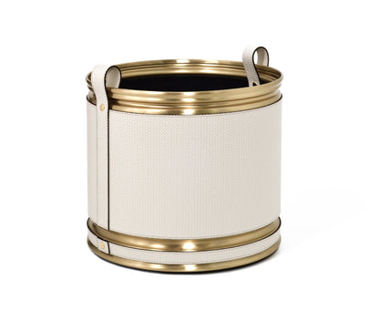 A cylindrical cachepot with a beige leather upper half and a gold-colored brass lower half, featuring two handles.