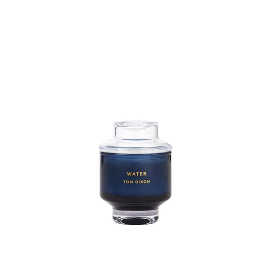 candle-Blue glass container with 'Tom Dixon' branding on a white background