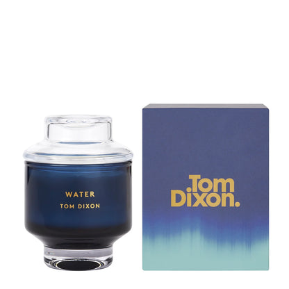 candle-Blue glass container with clear lid and 'Tom Dixon' branding on a white background