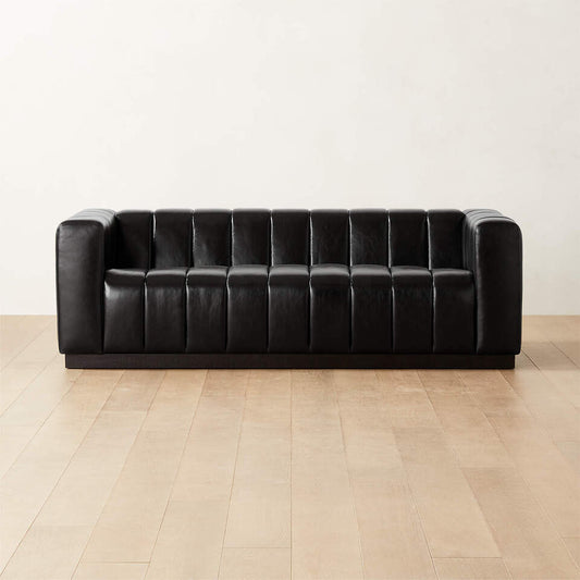 Channeled Black Leather Sofa with Black Base