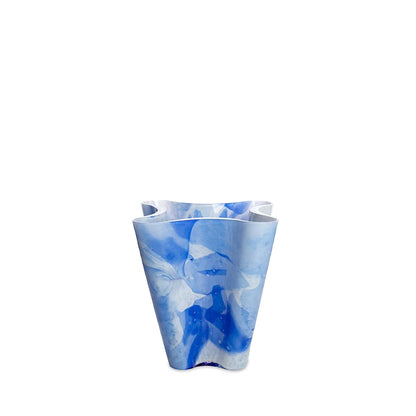 Blue and white patterned vase on a white background