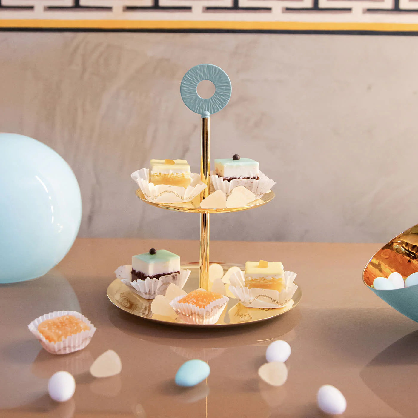 Cometa 2 Azure & Gold 2-Tier Cake Stand