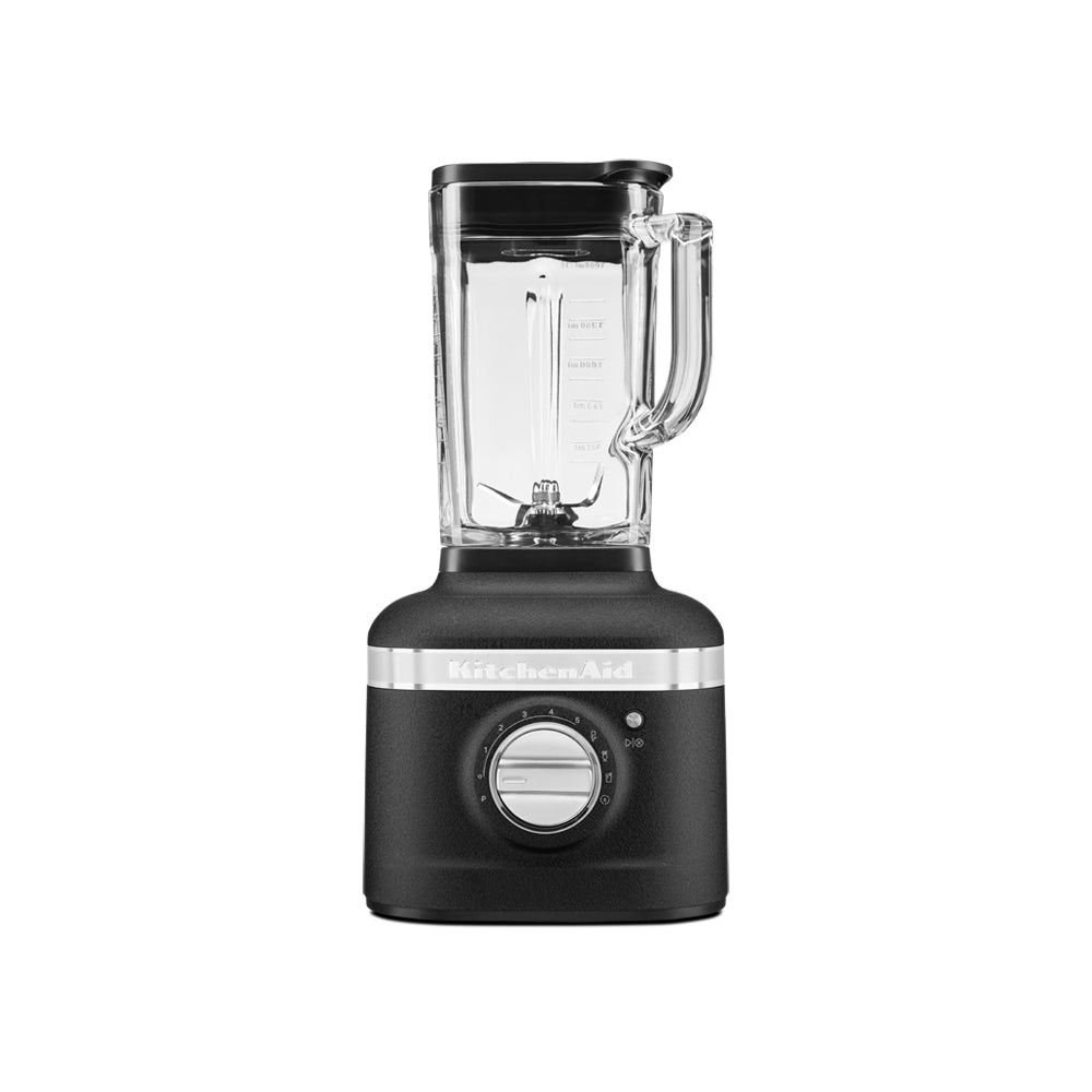 Black blender with clear container on a white background