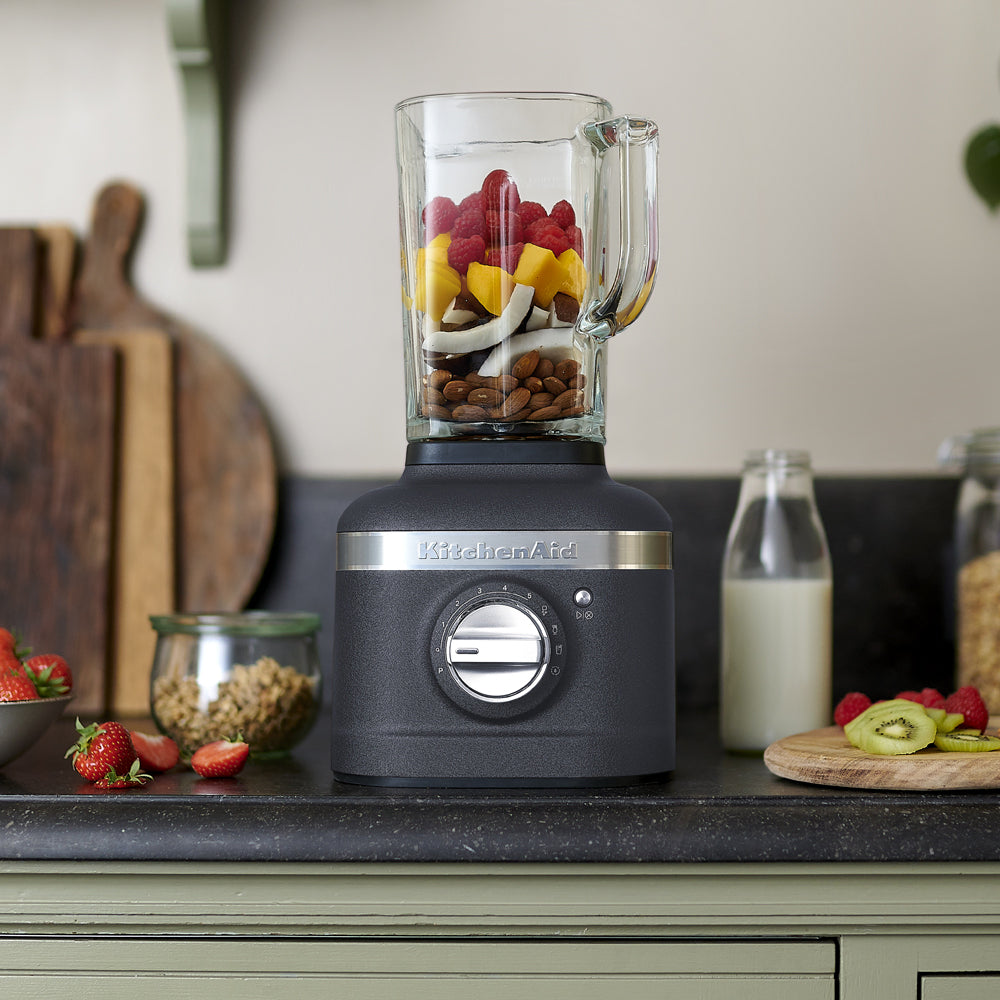  KitchenAid blender with ingredients on a kitchen counter