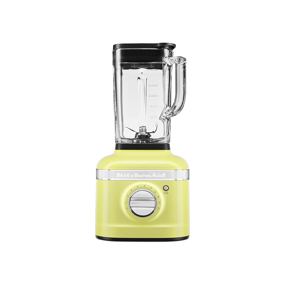 Yellow KitchenAid blender on a white background