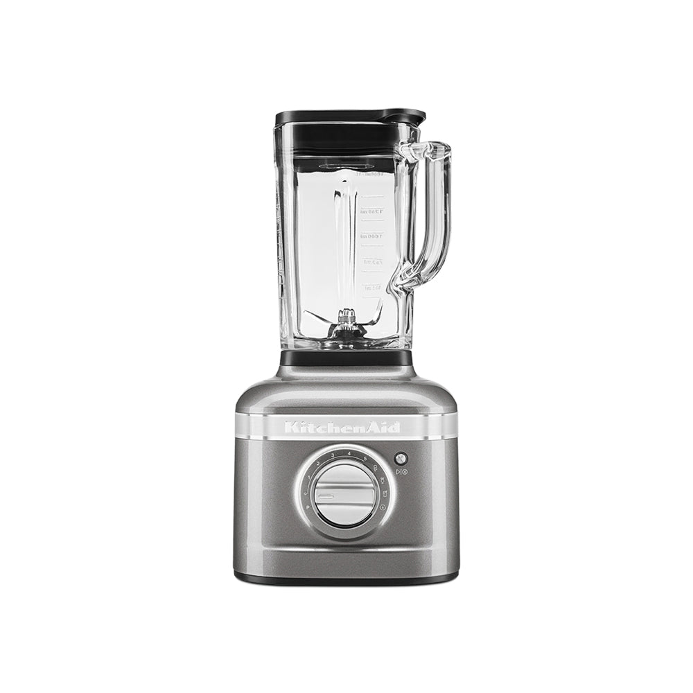 Silver KitchenAid blender on a white background