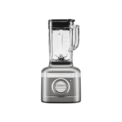 Silver KitchenAid blender on a white background