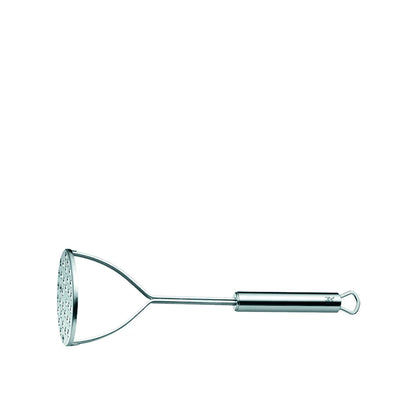 Metallic kitchen utensil tool with a handle on a white background