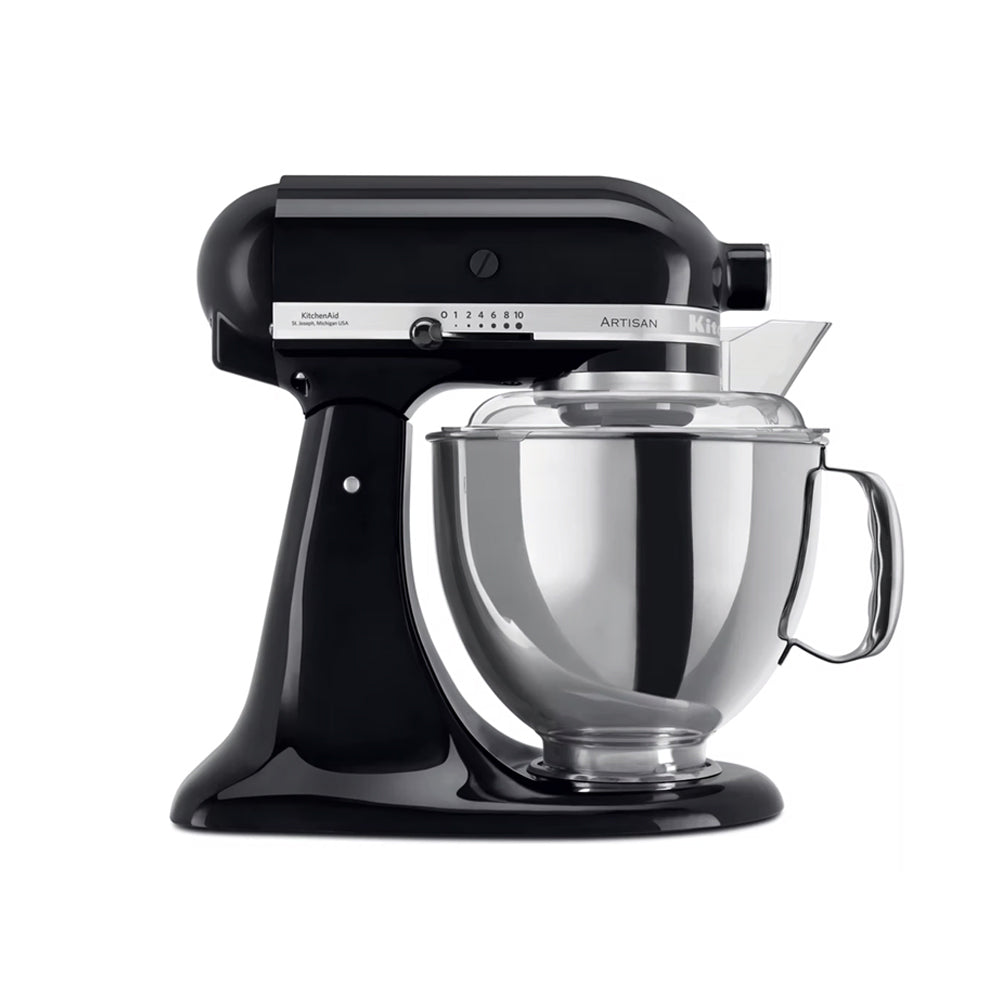 Black KitchenAid stand mixer on a white background