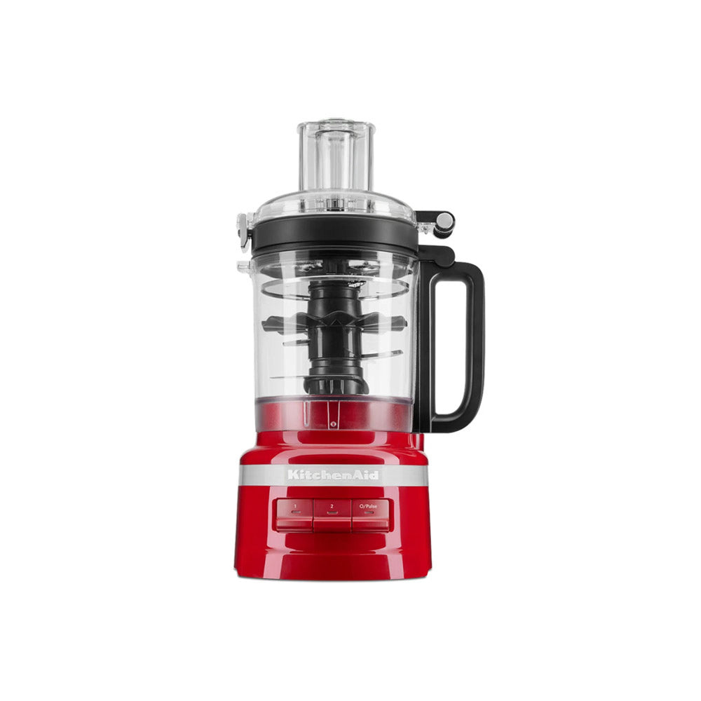 Red KitchenAid food processor on a white background