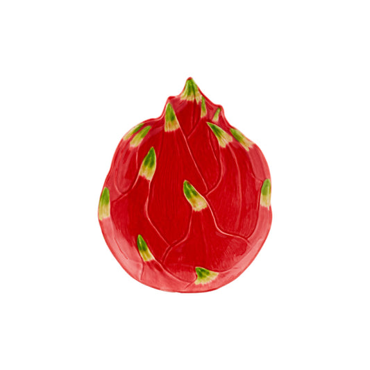 Red dragon fruit with green spikes on a white background