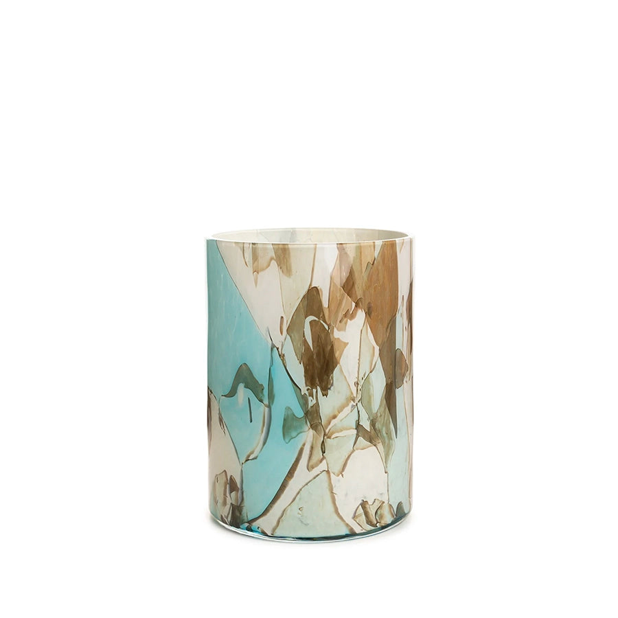 Cylindrical container with floral pattern on a white background