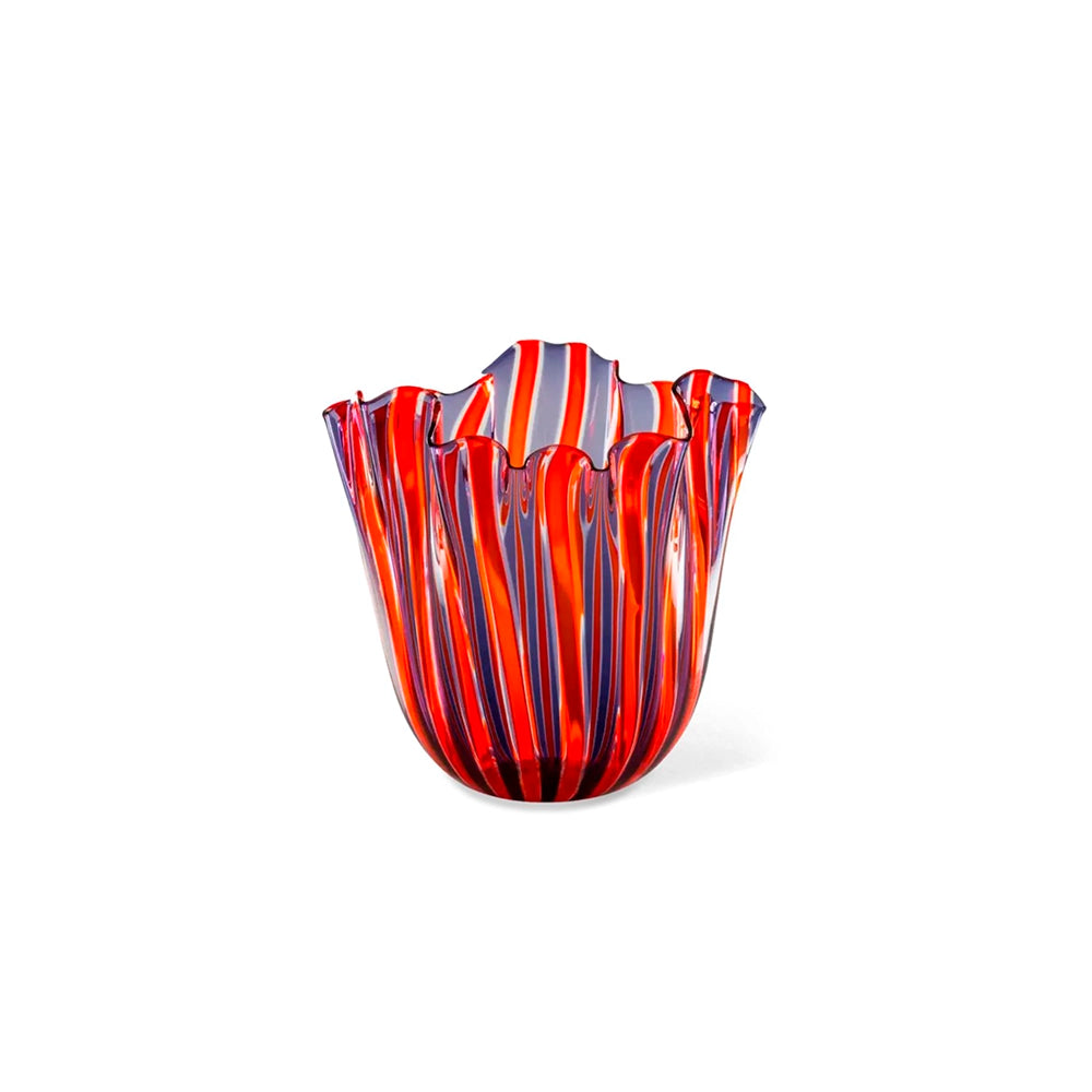 A multicolored striped glass vase with a flared design.
