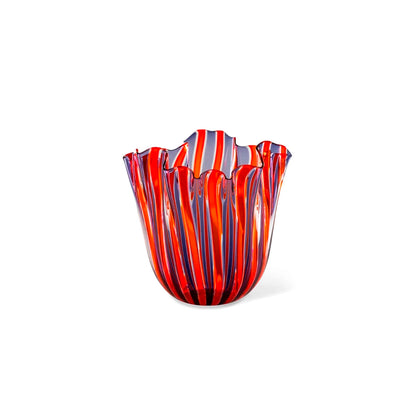 A multicolored striped glass vase with a flared design.