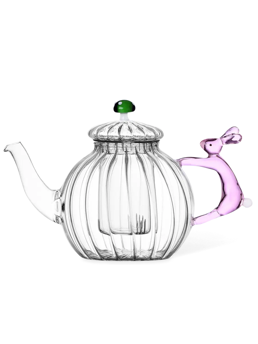 Alice Teapot - Pink Rabbit & Green Mushrooms