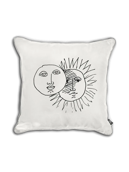 A square-shaped cushion with a white cover, featuring a minimalist design of a sun and moon drawing in black.