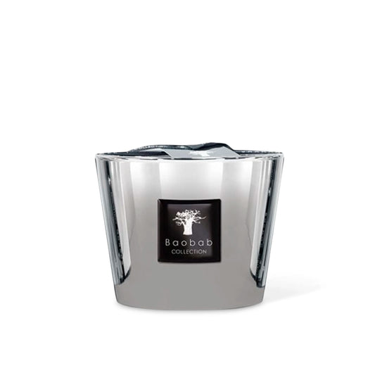 Silver candle holder with Baobab Collection logo on a white background