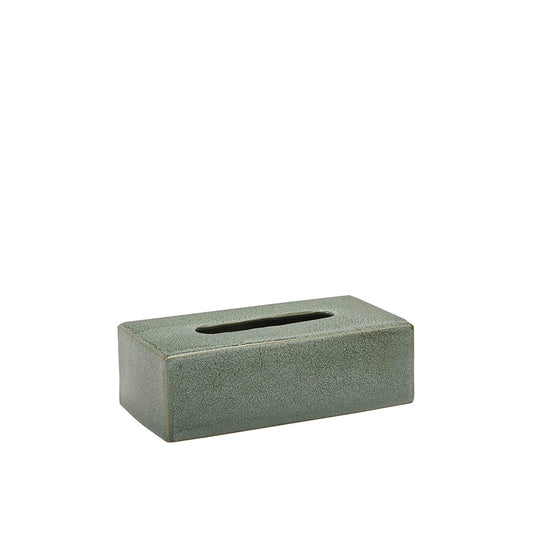 Rectangular green ceramic tissue box on a white background