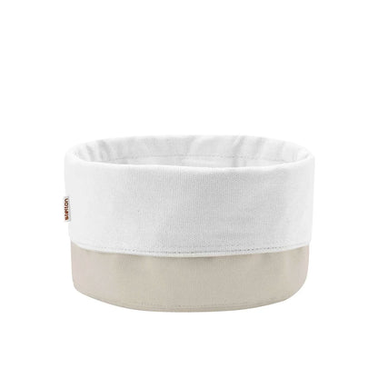 White fabric basket with beige base on a white background