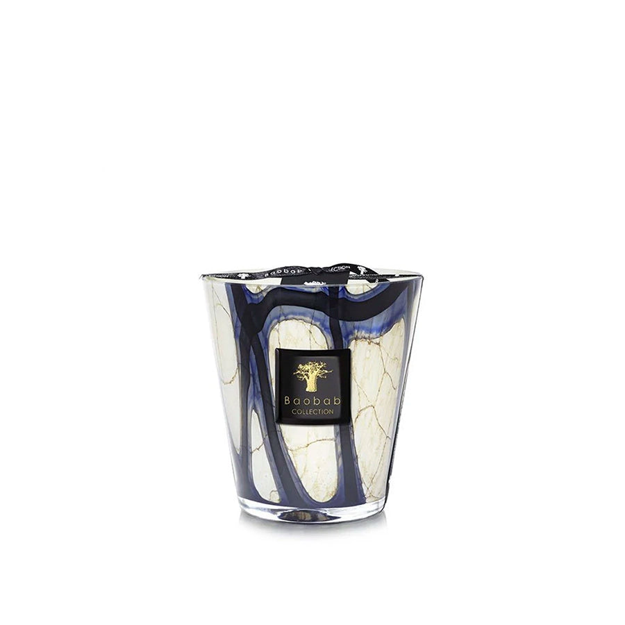 scented candles-Decorative glass vase with marbled design and brand label on a white background