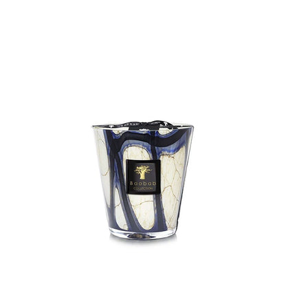 scented candles-Decorative glass vase with marbled design and brand label on a white background