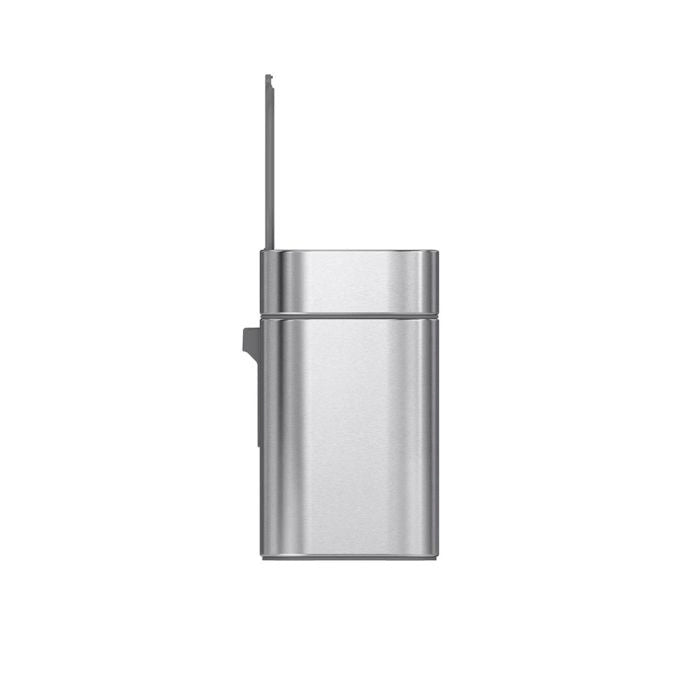 simplehuman Compost Caddy Metallic cylindrical object with a small antenna on a white background