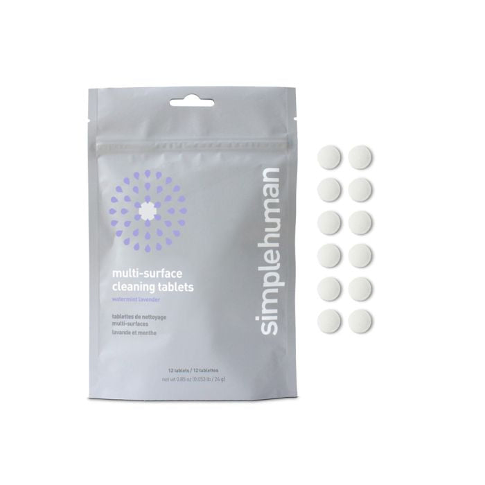 simplehuman multi-surface cleaning tablets packaging with tablets on a white background