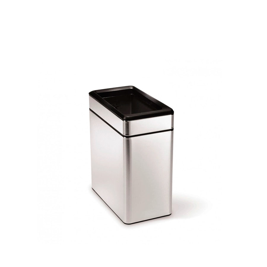 simplehuman Profile Open Bin, 10L-Stainless steel trash can with black lid on a white background