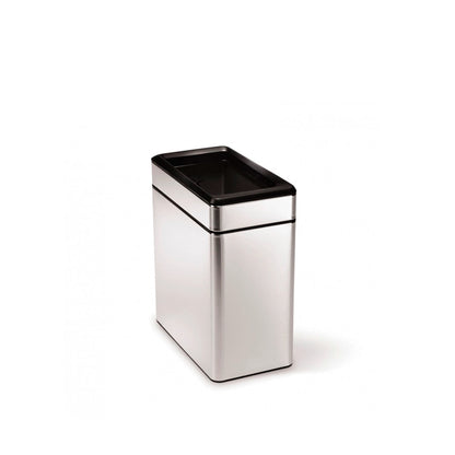 simplehuman Profile Open Bin, 10L-Stainless steel trash can with black lid on a white background