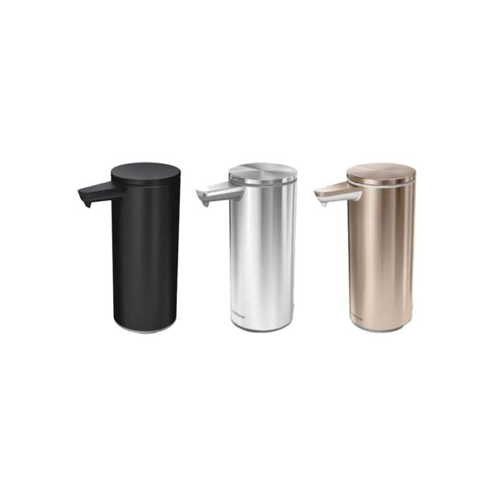 simplehuman Rechargeable Sensor Soap Pump-Three soap dispensers in black, silver, and gold on a white background