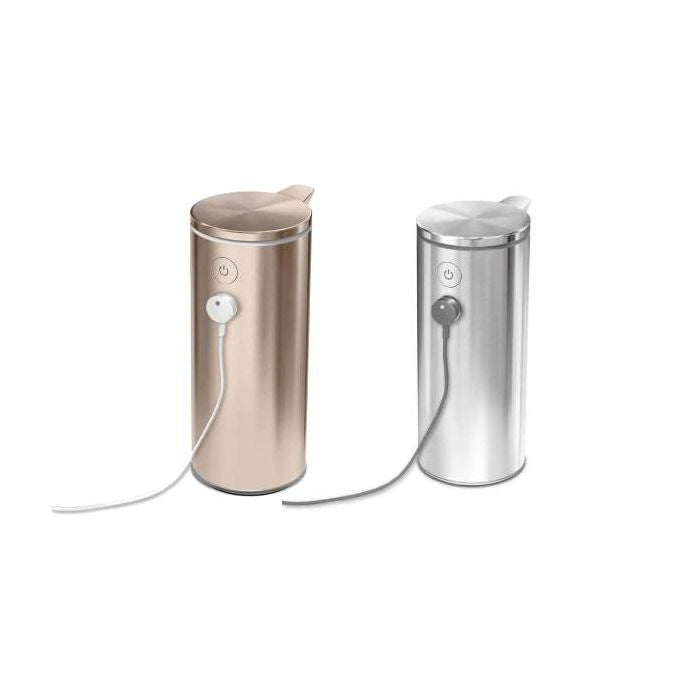 simplehuman Rechargeable Sensor Soap Pump-Two metallic containers with power cables on a white background