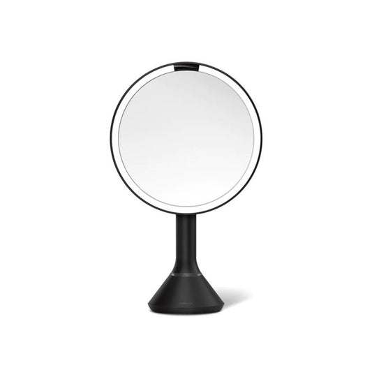 simplehuman Round Sensor Mirror Round makeup mirror with black stand on a white backgrounddresser-with-mirror-uae-beauty-lounge-dressing-table-mirror-dubai-luxury-vanity-wall-mirror-for-dubai-bedrooms
